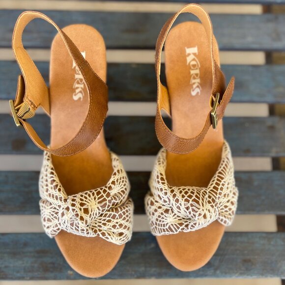 Korks-Ease Natalia Women’s Sandals 10 Brown Leather White Crochet Wooden Block H - Picture 4 of 13